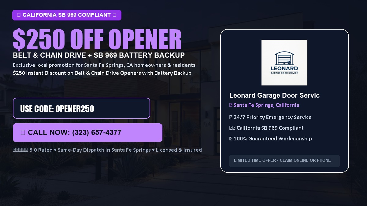 $250 OFF Smart Garage Door Opener Installation (Belt & Chain Drive with California SB 969 Battery Backup) in Santa Fe Springs, CA